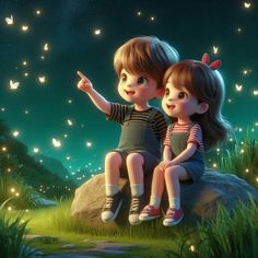 two children sitting on top of a rock in the grass with butterflies flying above them