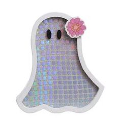 a white sticker with a pink flower on it's head and eyes, in the shape of a ghost