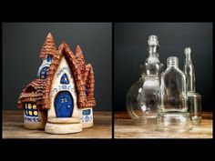 there are three bottles with houses in them