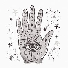 a hand with an all seeing eye on it and stars in the sky behind it