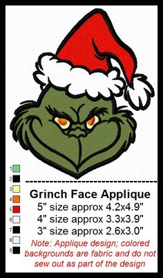 the grinch face applique is shown in red and white with a santa hat on