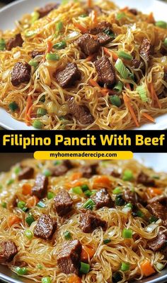 two pictures of different types of food with noodles and meat in them, one is beef and the other has carrots