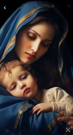 a painting of the virgin mary holding a child in her arms and wearing a blue shawl