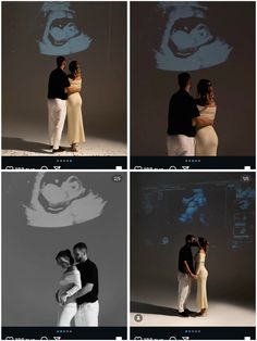 four different shots of people dancing in front of a screen with an image on it