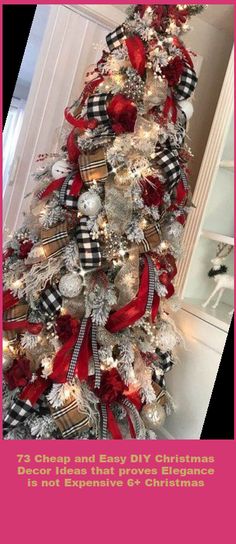 a christmas tree decorated with red, black and silver ornaments is featured in this post