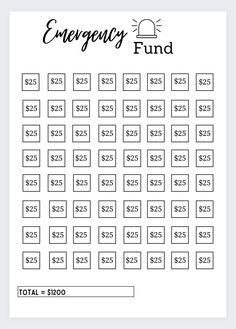 the printable emergency fund is shown in black and white, with numbers on it