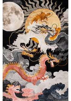 Introducing our magnificent "Celestial Dragon Chorus Hand Tufted Rug," where the timeless dance of dragons unfolds amidst the celestial tapestry of the heavens. Against a dark backdrop adorned with the radiant sun, the serene moon, and an array of billowing clouds, a symphony of dragons roars in majestic harmony. Meticulously handcrafted, each dragon embodies its own unique essence, from fierce guardians to serene watchers, adding depth and character to the scene. Adorn your space with this capt Celestial Dragon Art, Celestial Carpet, Celestial Tiger, Dragon Carpet, Brass Dragon Art, Celestial Tapestry, Latex Allergy, Dragon Dance, Evening Sky