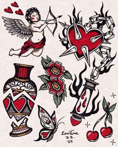 an old school tattoo design with cherubs, roses and hearts on white paper