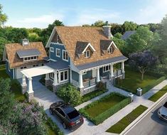 this is an artist's rendering of a house with cars parked in the driveway