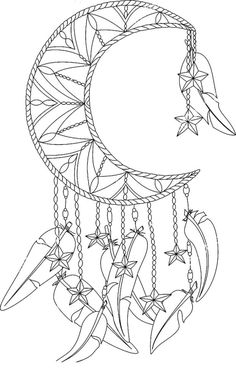 a black and white drawing of a crescent with stars hanging from it's sides