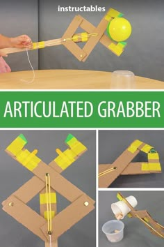 an articulated grabber made out of cardboard and construction paper is shown with instructions to make it