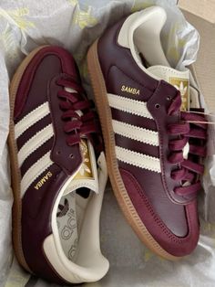 the iconic Adidas Samba in rich burgundy tones. Stile Hijab, Dr Shoes, Shoe Wishlist, Adidas Vintage, Hype Shoes, Girly Shoes, Aesthetic Shoes