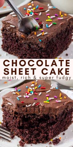 chocolate sheet cake with fluffy chocolate frosting and sprinkles