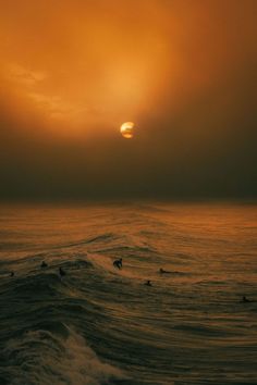 the sun is setting over the ocean with surfers in the water on their surfboards