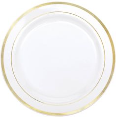 an empty white plate with gold trim