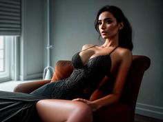 a beautiful woman sitting on top of a brown chair next to a window in a dark room