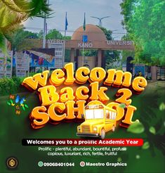 the welcome back to school sign is displayed in front of a green background with trees