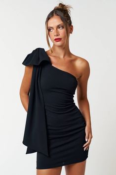 ONE SHOULDER DRESS WITH OVERSIZED RIBBON - OVERSIZED RIBBON DETAIL - 96% POLYESTER 4% SPANDEX. Bow Mini Dress, Classic Black Dress, Bow Ribbon, Asymmetrical Neckline, Jumpsuit Shorts Rompers, Hoco Dresses, Ribbon Bow, Dance Dresses