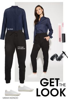 Essential Pieces, One High-Powered Look. #WFH #Winter #WinterOutfit #WorkFromHome #Womenswear #Shirting #Outfits #OutfitIdeas #Sweats #Boss #BossBabe #Fashion #WomensFashion #ZoomShirts #ZoomOutfits #Designer #MishaNonoo #SweatpantOutfit #Collage #LookBook #GetTheLook #Navy #BlackAndNavy Black Joggers, Drawstring Waistband, Email Marketing, Black And Navy, French Terry