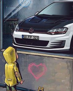 a drawing of a person standing next to a car with the hood up, looking at it