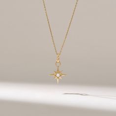 Diamond North Star Necklace/Diamond Pendant Necklace/ Solid Gold Pendant/ Womens Dainty Necklace/Diamond Gold Necklace/Gold Star Charm Features * Made to Order. * Gold KT: 14KT * Custom Gold Color: Yellow Gold * Charm 13.50mm x 13.50mm * Charm Thickness: 1.95mm * Diamond Color-Clarity: D-E-F color VVS clarity (excellent ideal cut) * Total Ctw: 0.06 ctw * Ready to Ship in 5-7 Business Days ✓ We care about the environment,the jewelry we cast is made with recycled gold. We source exclusively post-c North Star Necklace Gold, Star Diamond Pendant, Diamond Pendants Designs Unique, Dainty Necklace Diamond, Small Diamond Pendant, Unique Diamond Pendant, Star Jewellery, Gold Star Necklace, Gold Star Pendant