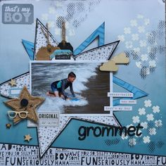 a scrapbook page with an image of a boy on a surfboard in the water