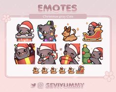 the emotes christmas gray cats sticker sheet is shown in various poses and sizes