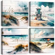 four paintings of the beach with sand dunes and lifeguard tower