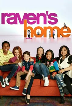 the cast of raven's home sitting on a couch in front of a sign