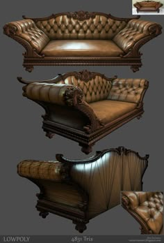 an old fashioned couch with leather upholstered on the back and arms, in different angles