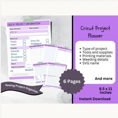 the printable project planner is shown in purple and white, with instructions for how to use