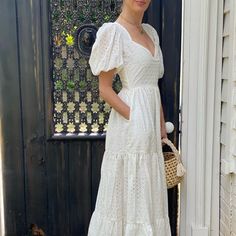 Nwot Mille Ecru Eyelet Maxi Dress. Fitted Waist, V-Neck, Short Puff Sleeves, Tiered Skirt. Zips In Back, Pockets. Perfect For Any Event For A Bride To Be! Xxs Fits Most Us 0, Xs Fits Most Us 2 . Short Sleeve Midi Dress With Broderie Anglaise For Brunch, Broderie Anglaise Midi Dress With Short Sleeves For Brunch, White Eyelet Dress Outfit, Maxi Puff Sleeve Dress, Eyelet Dress Outfit, Eyelet Wedding Dress, Sleeveless Dress Casual, Lilly Pulitzer Maxi Dress, Dress Pearl