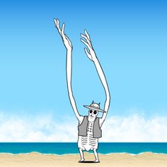 a drawing of a skeleton on the beach with his arms in the air and hands up