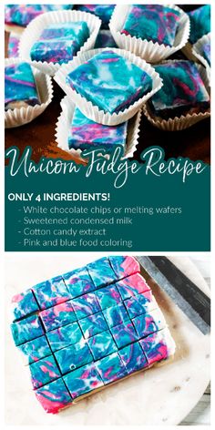 the recipe for unicorn fudge cupcakes is shown in blue, pink and green