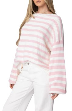 Pretty pinky stripes encircle a roomy sweater knit from soft cotton and ready to kick it with your weekend plans. Crewneck Long sleeves Ribbed cuffs and hem 100% cotton Machine wash, dry flat Imported Cozy Oversized Sweaters, Oversized Striped Sweater, Sweater Oversize, Denim Sweater, Sweater Oversized, Knitted Tops, Cute Sweaters, Low Iron, Oversized Sweater