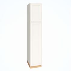 a tall white cabinet sitting on top of a wooden floor