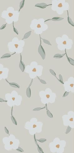 white flowers with green leaves on a light gray wallpaper background that is seamlessly