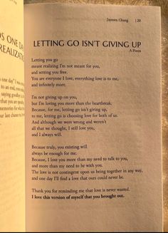 an open book with the words letting go isn't giving up