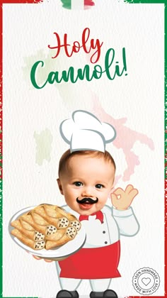 a baby holding a plate of cookies with the words holly cannoli on it