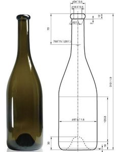 a wine bottle is shown next to a drawing and measurements for the top half of it