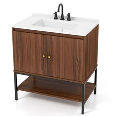 a bathroom sink with two faucets and a wooden cabinet next to it on an isolated white background