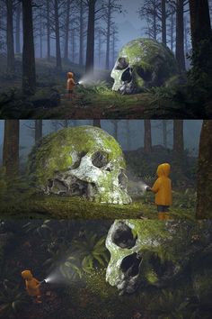 there are two pictures of people in the woods with one person looking at a skull