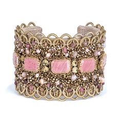 Deepa Gurnani Handmade Steele Cuff in Pink color Embroidered Embellishments, Bracelet Cuffs, Bead Embroidered Bracelet, Deepa Gurnani, Embroidered Bracelet, Brass Components, Bead Embroidery Patterns, Beaded Cuff Bracelet, Beaded Cuff