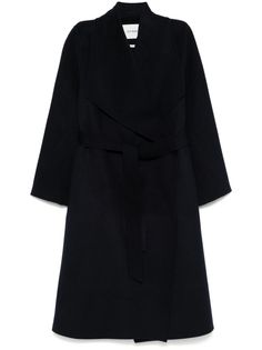 navy blue wool felted mélange effect self-tie fastening oversized lapels long sleeves belt loops detachable waist belt two side inset pockets unlined straight hem long length Ivy Oak, Yoko London, Pleats Please Issey Miyake, Blue Coats, Blouse Outfit, Blue Wool, Outerwear Coats, Chic Dress, Coat Dress