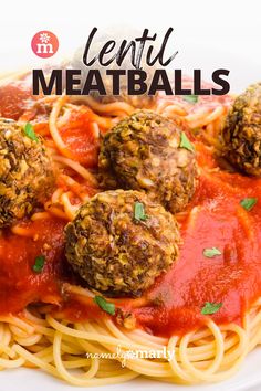 spaghetti with meatballs and tomato sauce on it in front of the words lentil meatballs