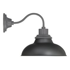 an industrial style wall light with a grey shade on the side and one arm extended