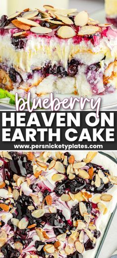 the layered dessert has blueberries, almonds and cream in it with text overlay that reads blackberry heaven on earth cake