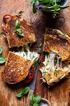 two pieces of grilled cheese and tomato sandwich on a cutting board next to a potted plant