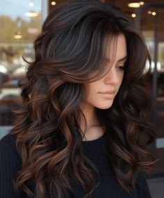 Top 51 Fall Hair Colors for Dark Hair: Bold & Beautiful Ideas Fall Winter Brown Hair, Dark Brown With Black Hair, Fall Color For Dark Brown Hair, Chocolate Brown And Black Hair, Dark Brunette Hair Ideas Colour, Black Hair With Chunky Brown Highlights, Dark Hairstyles Long, Chestnut Brown Balayage On Black Hair, Dark Brown Hair With Copper Balayage