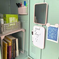 there is a locker with books and other items on the shelves next to it that says good day